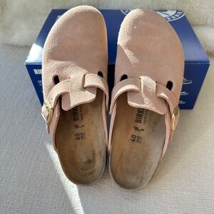 Birkenstock Blush Suede Mules with Gold Buckle